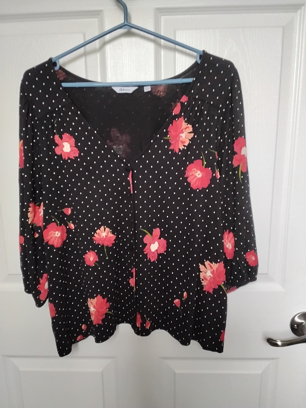Reitmans Black Polka Dot Blouse‎ with Coral Floral Print